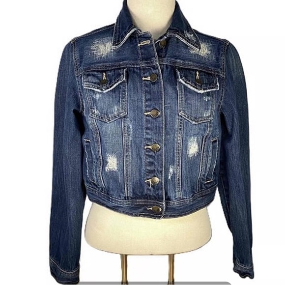 DECREE~Denim DISTRESSED Crop Jacket Size:S Button Front Has Pockets Collar EUC - Picture 1 of 10